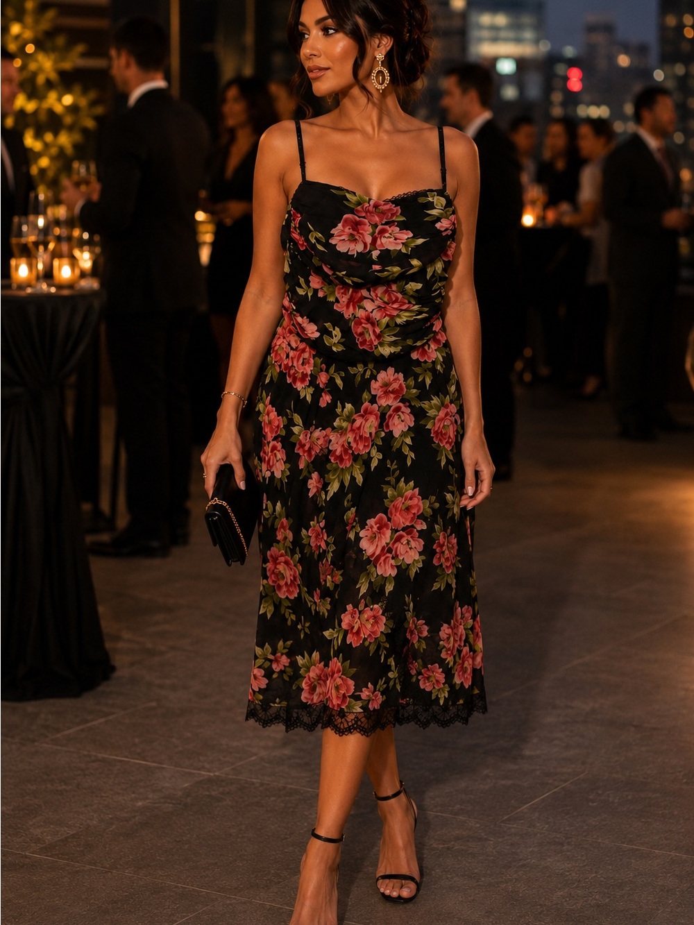 Vintage Eva Blue Cowl Neck Floral Midi Dress in Black with Pink Floral